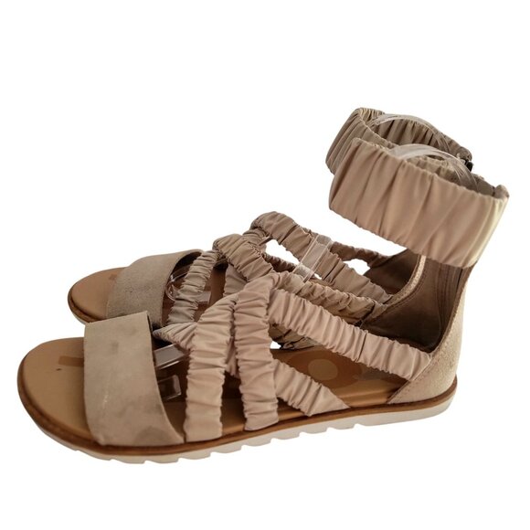 Sorel Ella II Ankle Strap Ruched Elastic Sandals Leather Flats Beige Size 6.5 - Picture 5 of 11